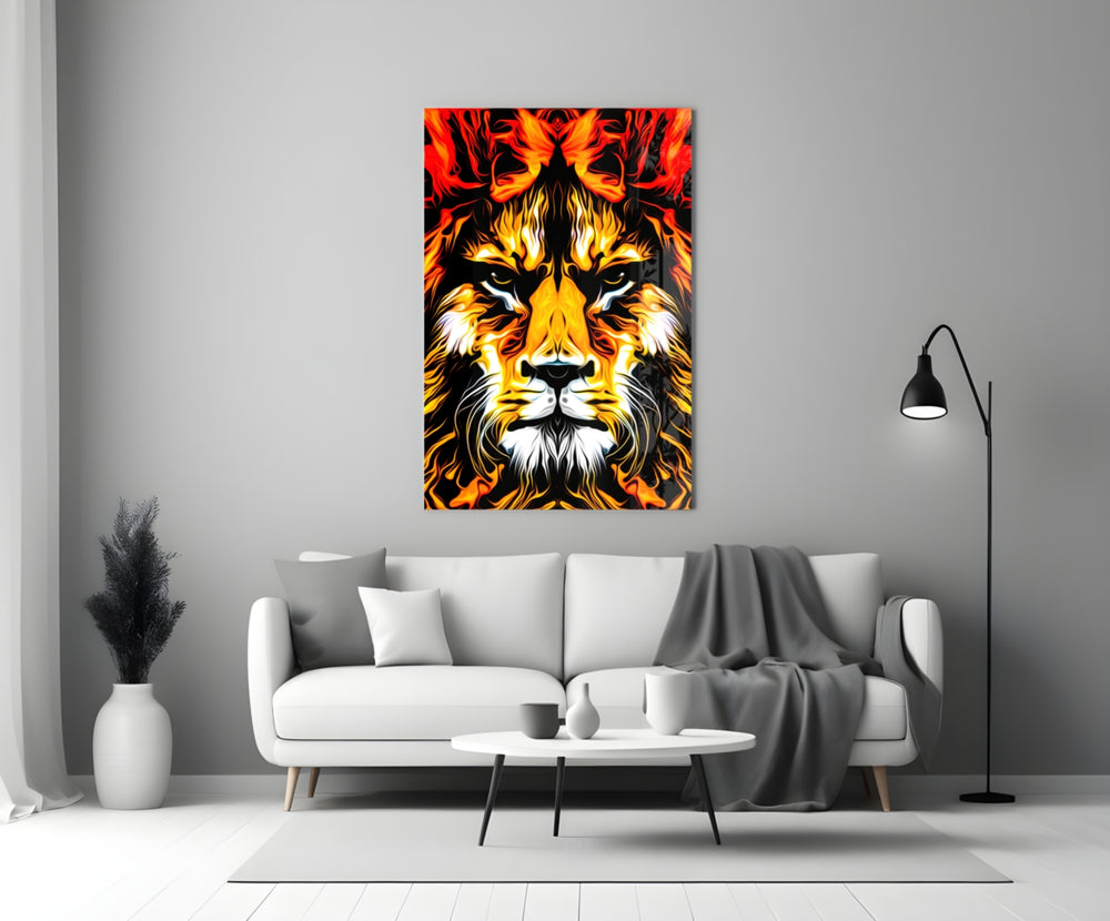 Lion glass wall art styled above a credenza in a gaming room