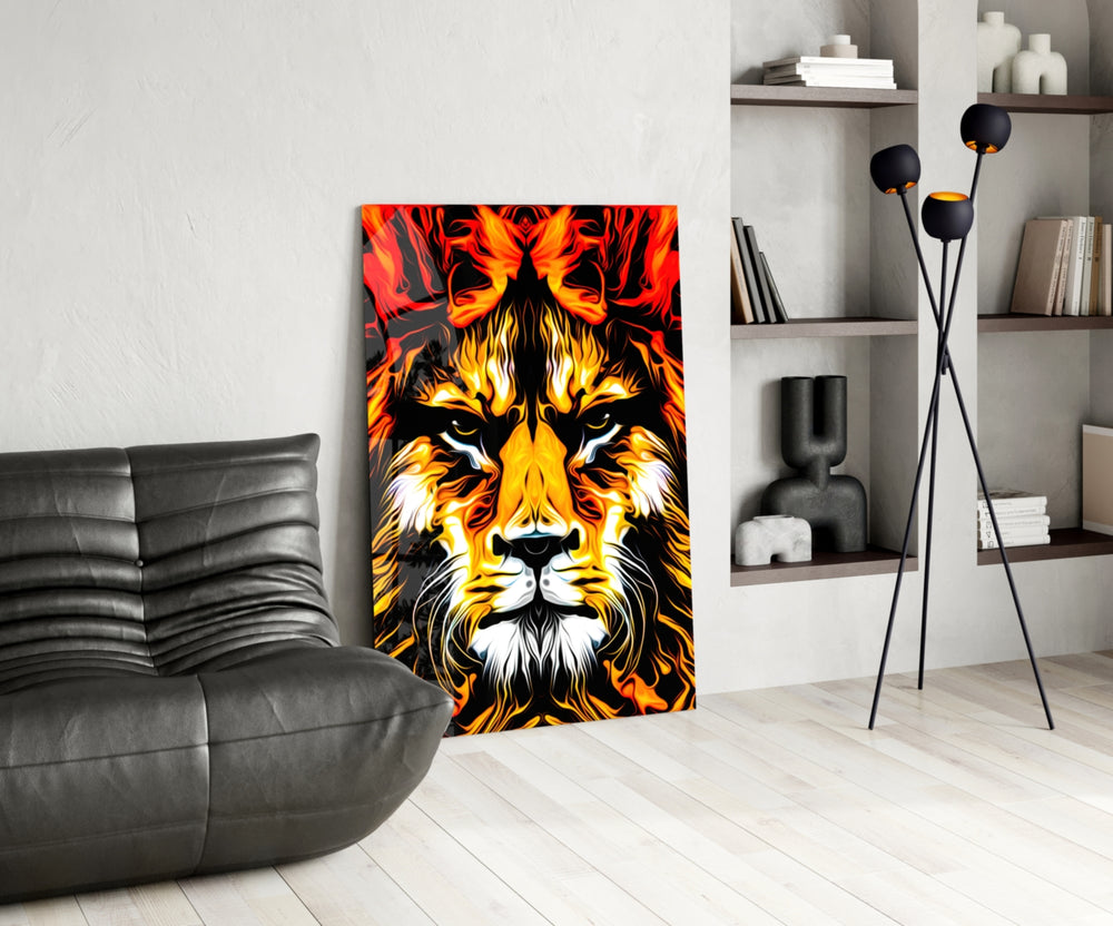 Lion glass print enhancing a living room with cinematic drama