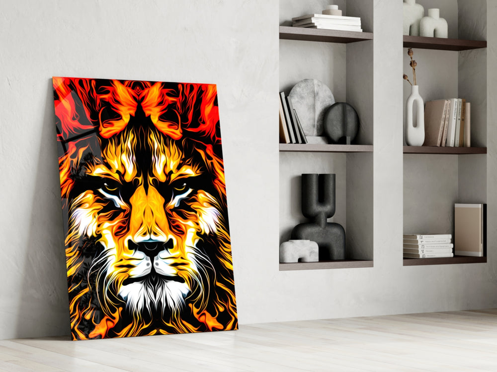 Lion artwork anchoring a wall with bold power palette
