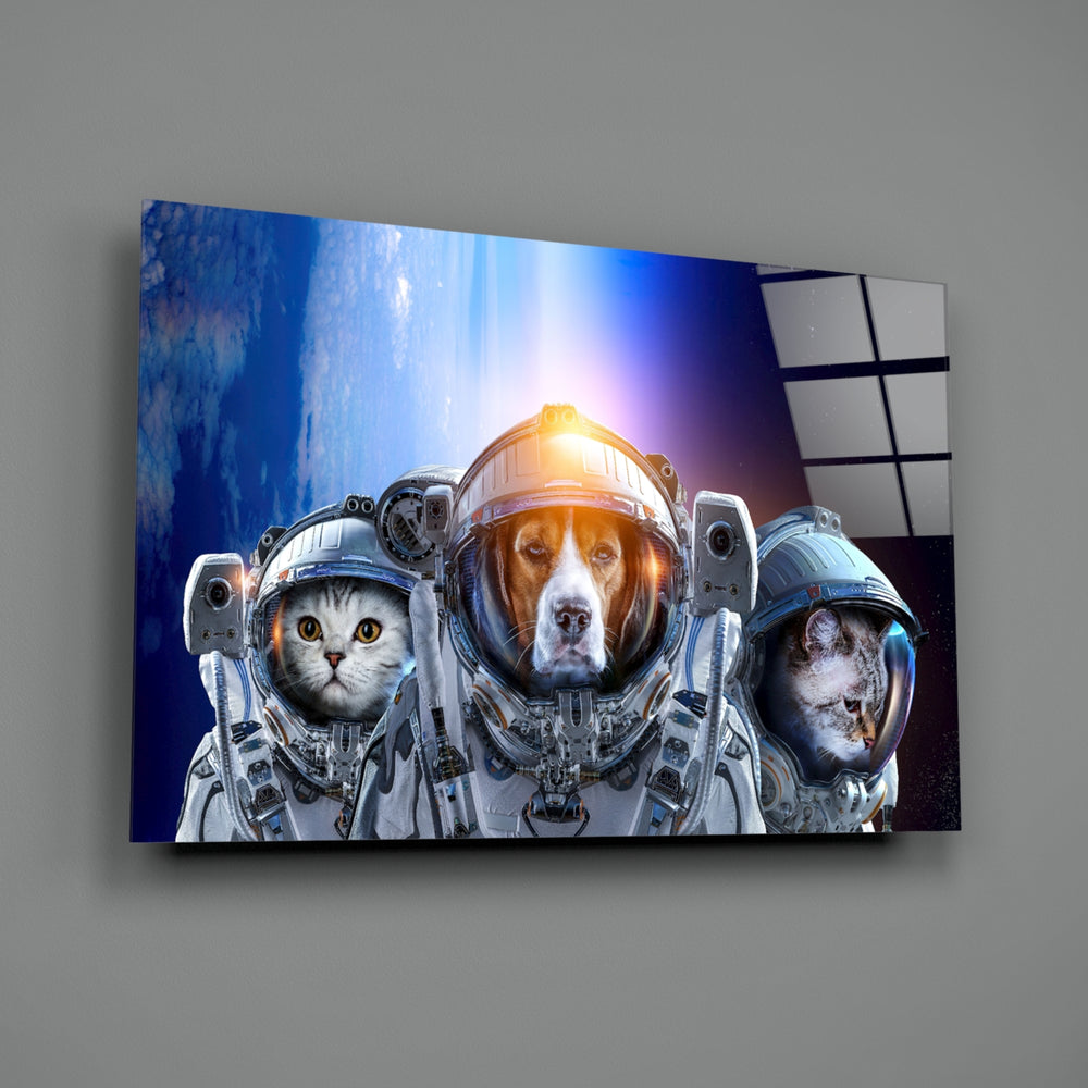 Space Team close-up showing beagle and tabby cats in helmeted space suits