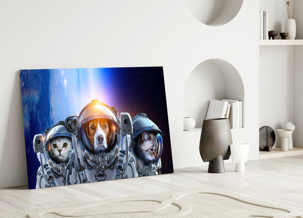 Space Team glass wall art styled above a credenza in a kids room