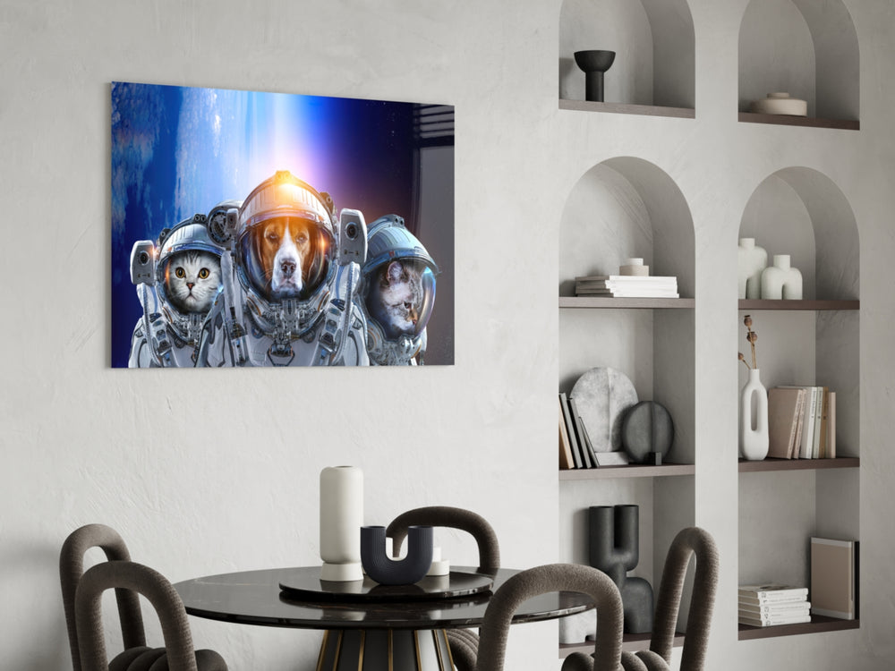 Space Team glass print enhancing a living room with cinematic whimsy