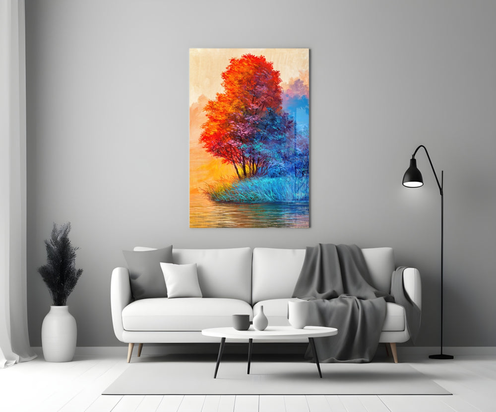 Red Tree glass wall art styled above a console in a living room