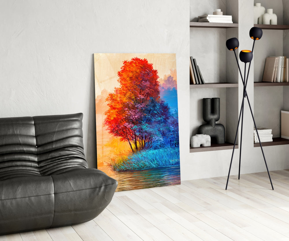 Red Tree glass print enhancing a dining room with cinematic warmth