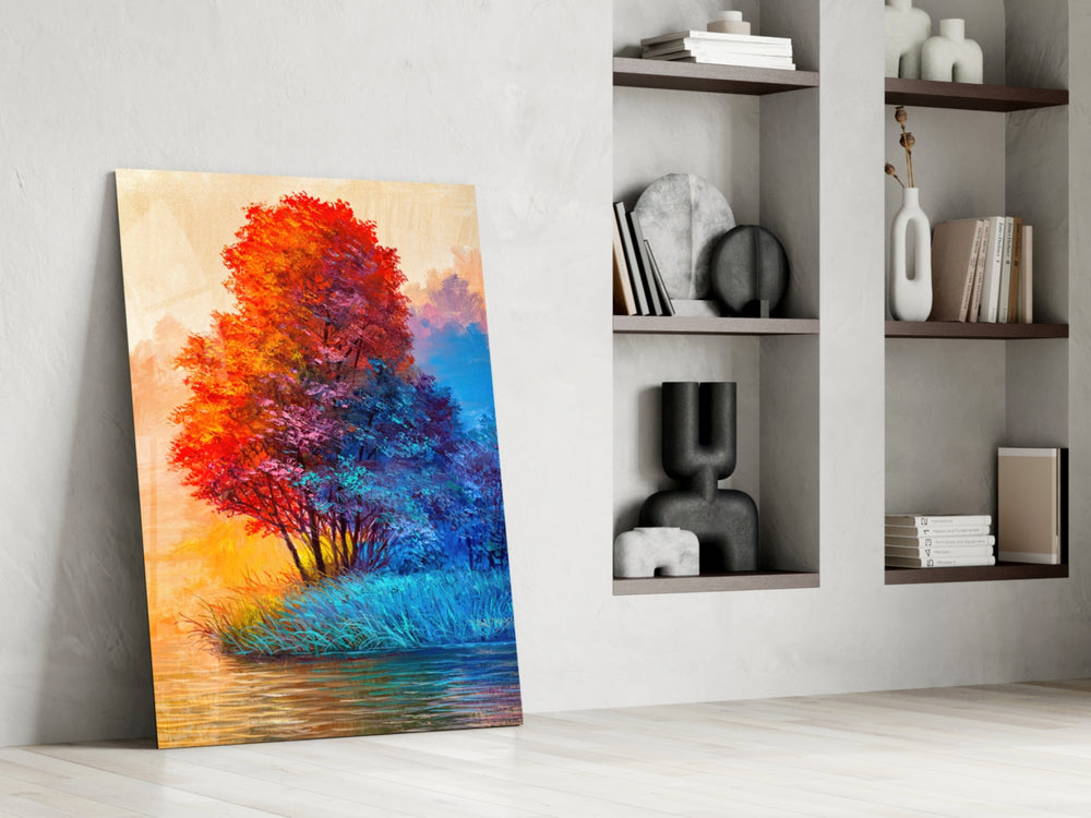 Red Tree artwork anchoring a wall with bold autumnal palette