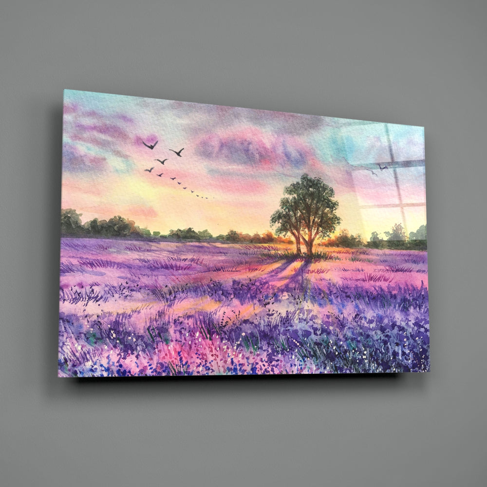 Tranquility close-up showing lavender field rolling toward sunset tree