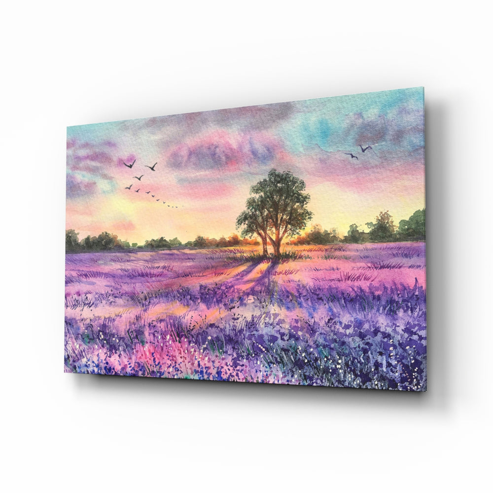 Watercolor-pastoral panel bringing serene warmth to a contemporary lounge