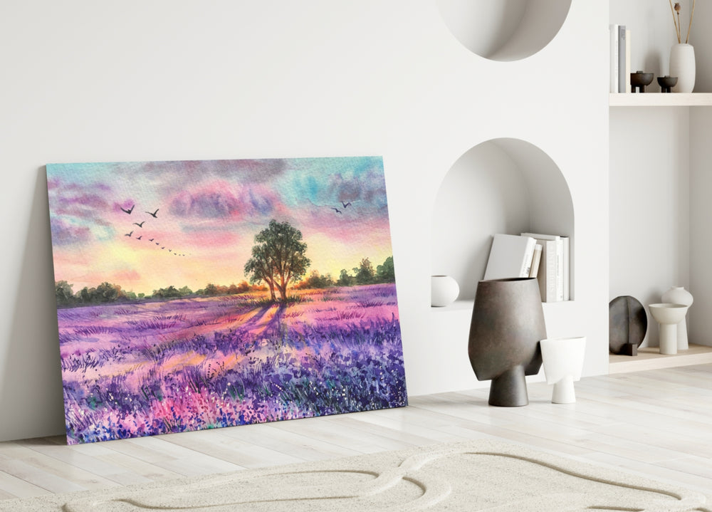 Tranquility glass wall art styled above a console in a bedroom