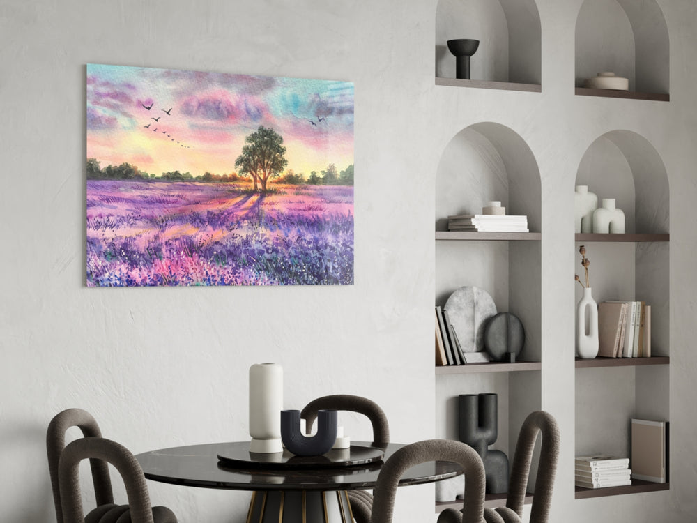 Tranquility glass print enhancing a living room with cinematic warmth