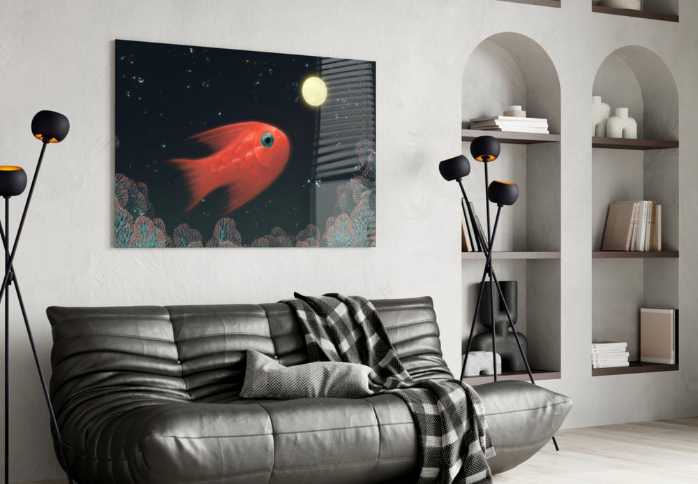 Fish panel adding editorial wonder to a bedroom