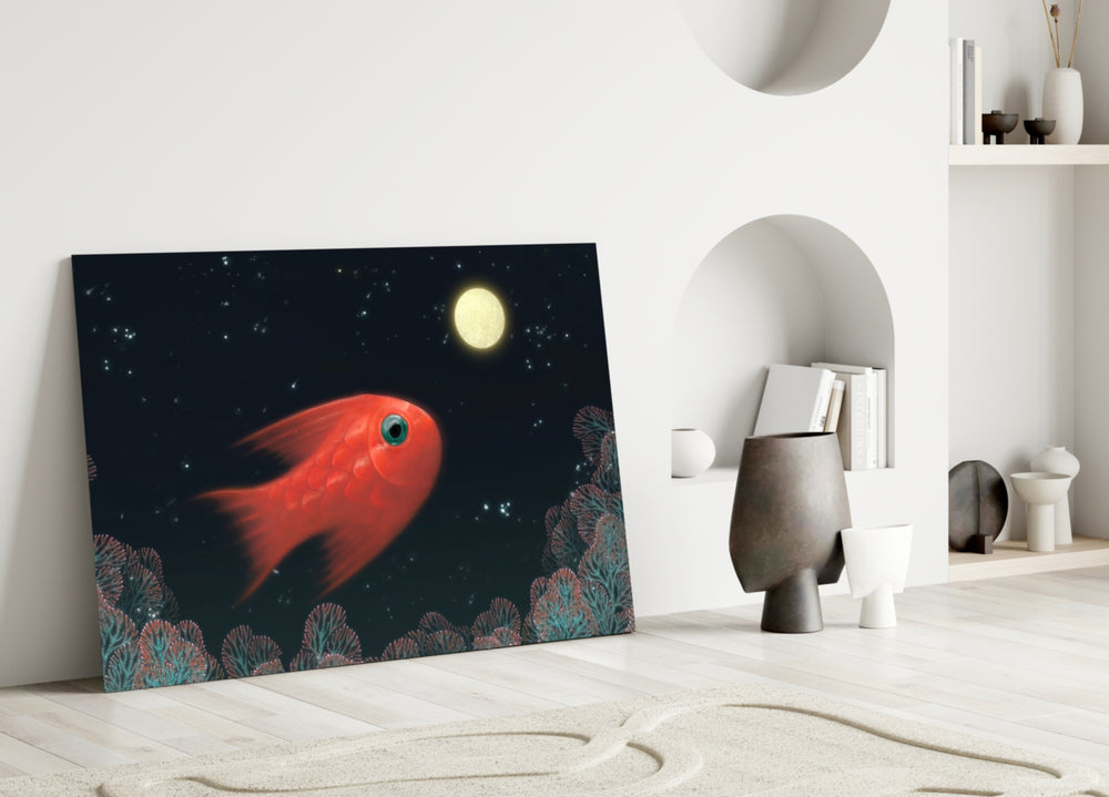 Fish glass wall art styled above a bed in a kids room
