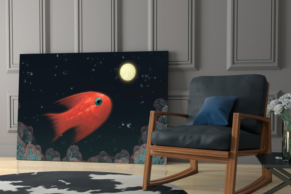 Fish artwork anchoring a wall with dreamy fantasy palette