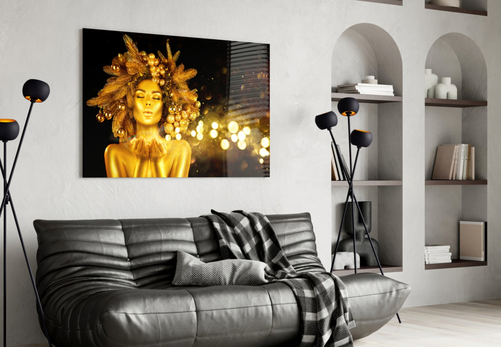 Gold Woman panel adding editorial mood to a living room