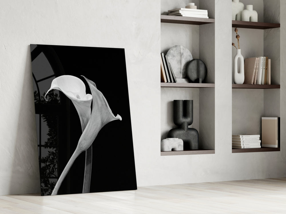 Flower artwork anchoring a wall with elegant minimalist palette