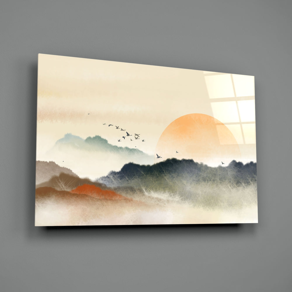 Abstract Landscape close-up showing sumi sun over misted mountain ridges