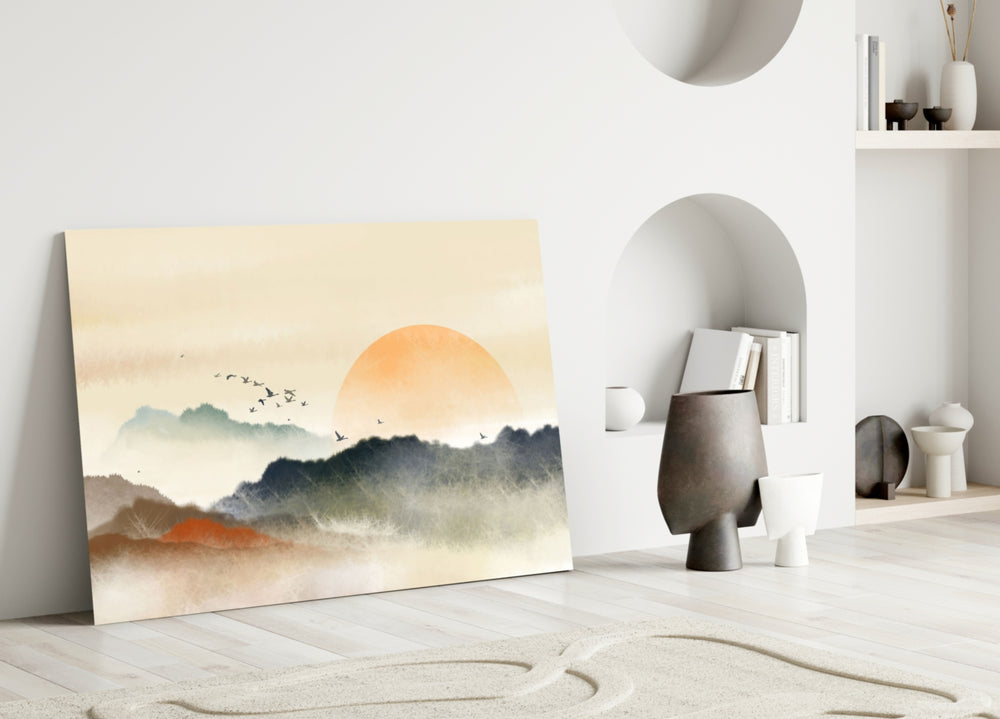 Abstract Landscape glass wall art styled above a credenza in a hallway