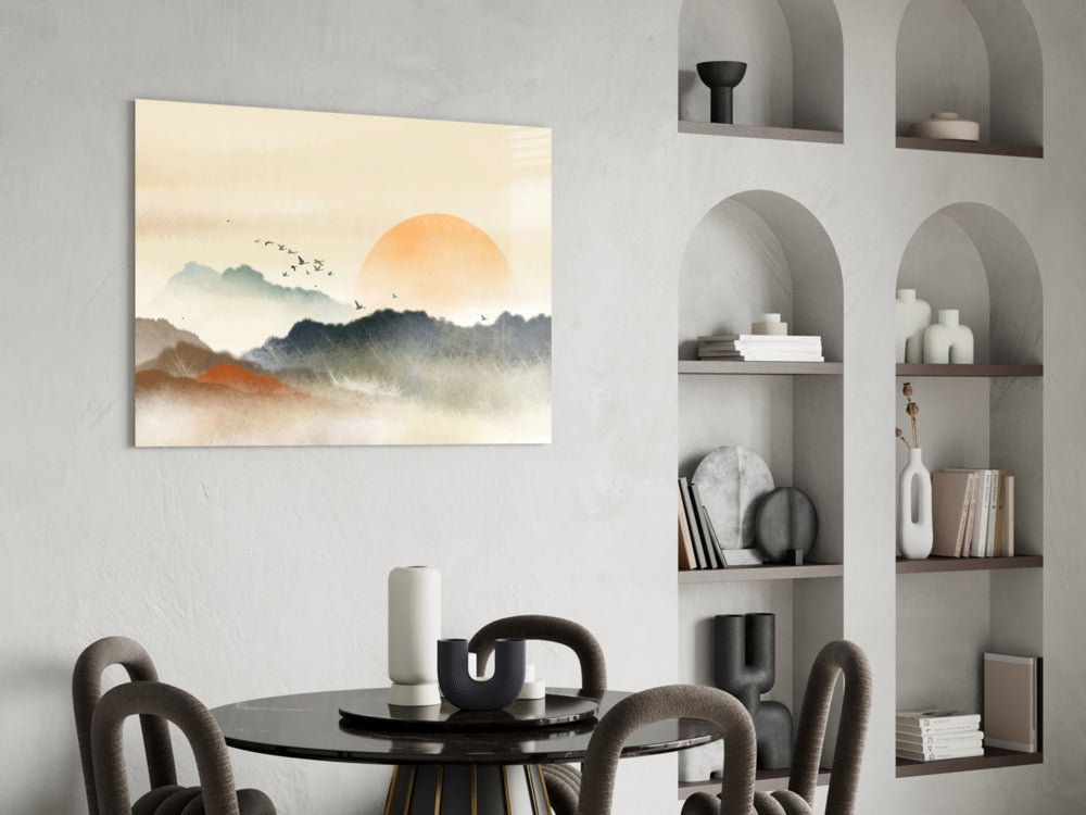 Abstract Landscape glass print enhancing a bedroom with cinematic warmth