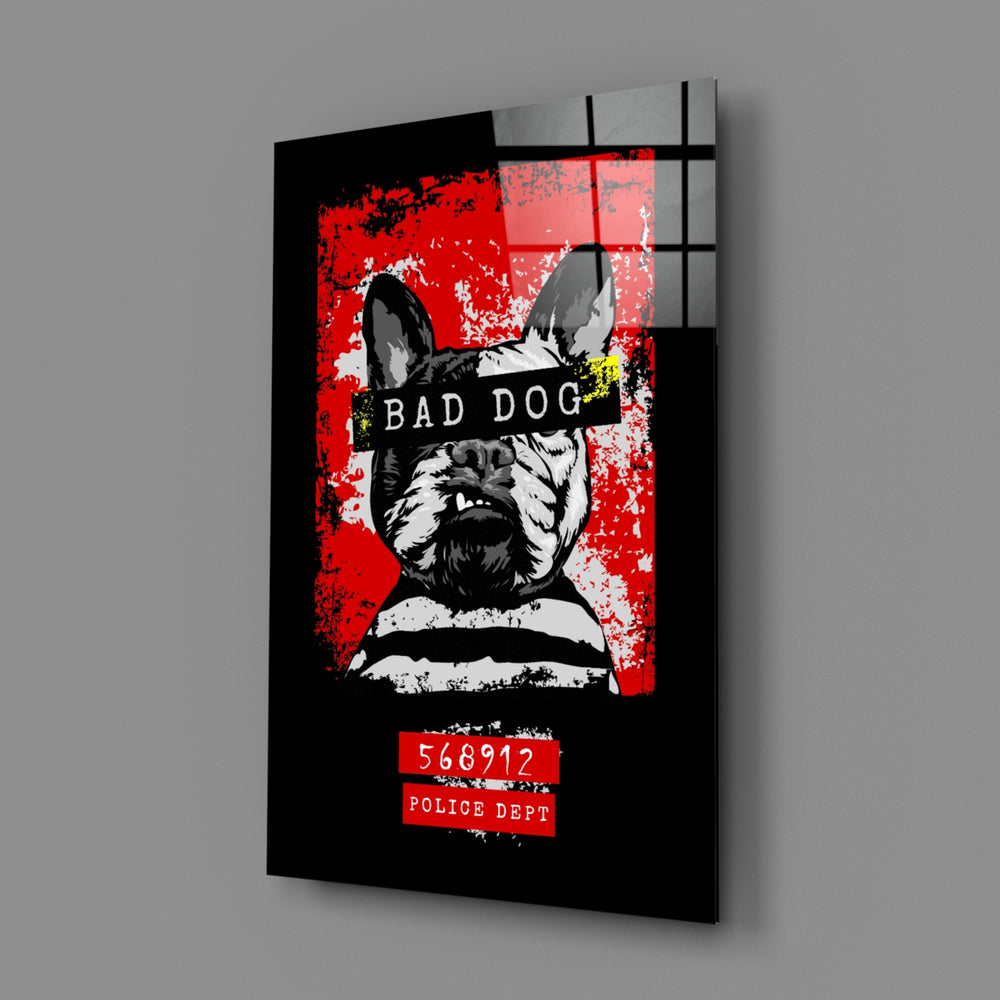 Bad Dog close-up showing bulldog mugshot under stenciled crimson text