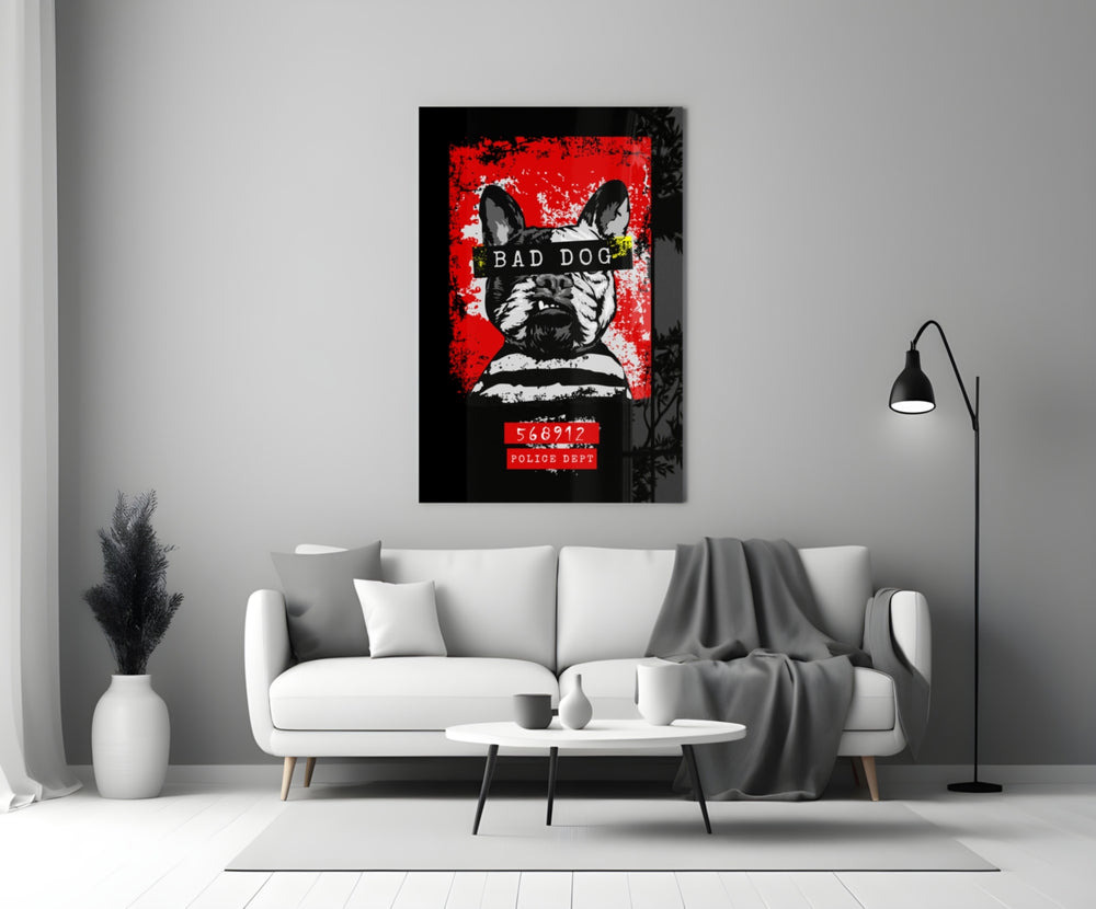 Bad Dog glass wall art styled above a sofa in a gaming room