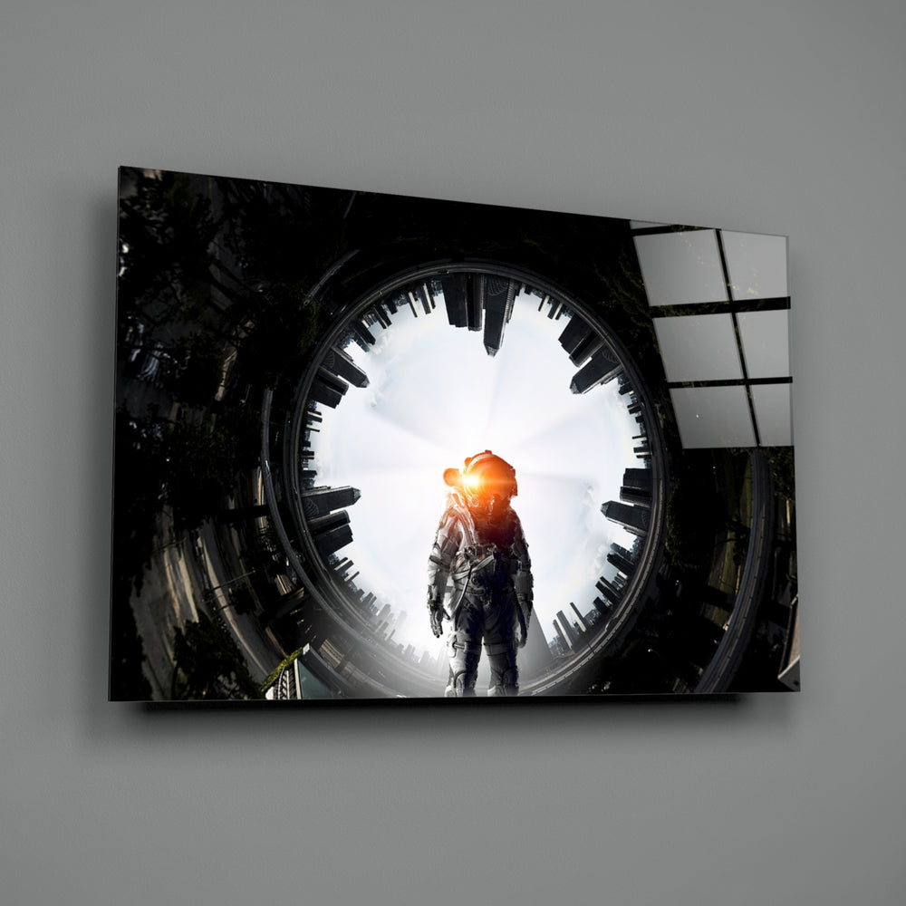 Astronaut close-up showing spaceman at circular portal threshold