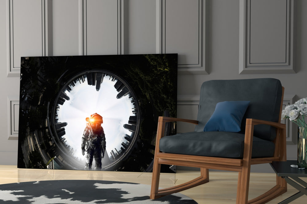 Astronaut artwork anchoring a wall with epic sci-fi palette