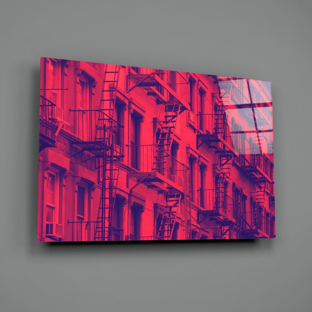 Windows close-up showing crimson and cobalt tenement facades with fire escapes