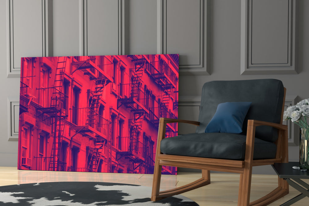 Windows artwork anchoring a wall with bold urban palette