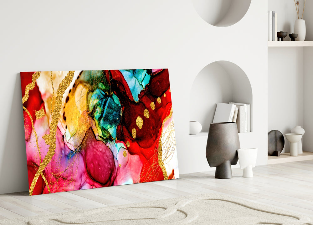 Colors glass wall art styled above a credenza in a living room