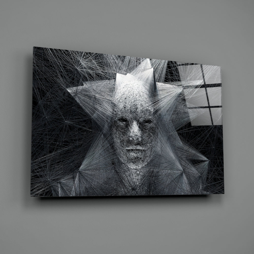 Self close-up showing wire-frame face emerging from starburst threads