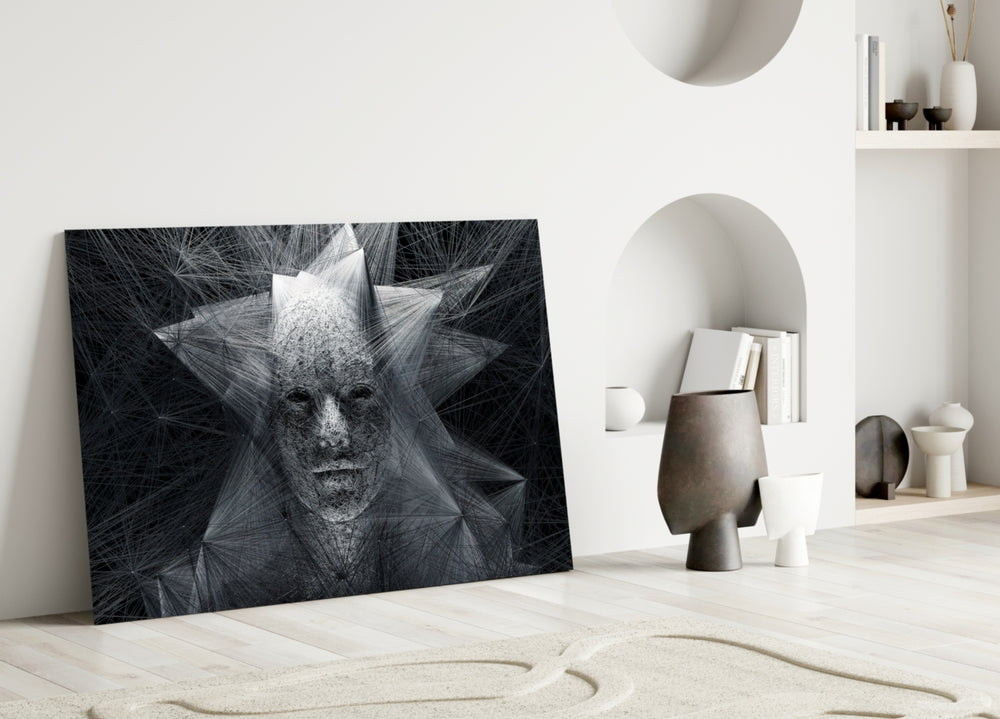 Self glass wall art styled above a credenza in a gaming room
