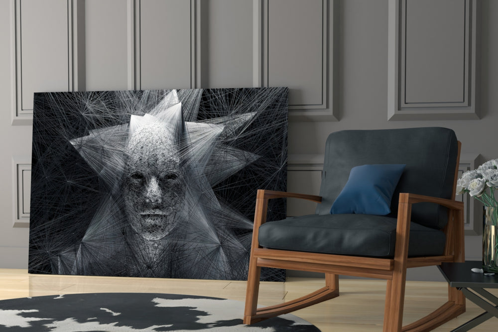Self artwork anchoring a wall with bold conceptual palette
