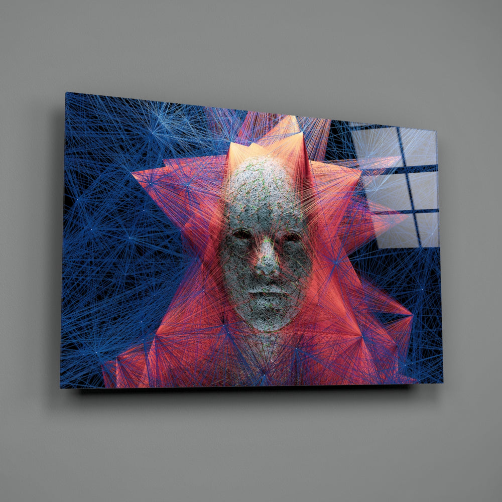 Self close-up showing wire-frame face emerging from crimson and cobalt threads