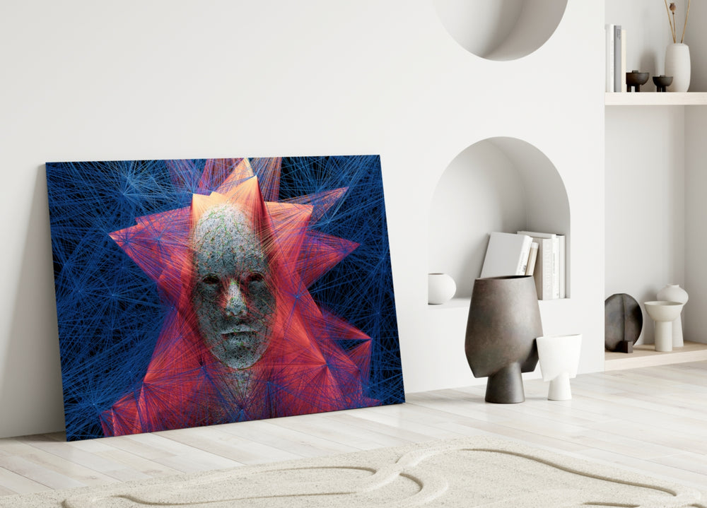 Self glass wall art styled above a desk in a gaming room