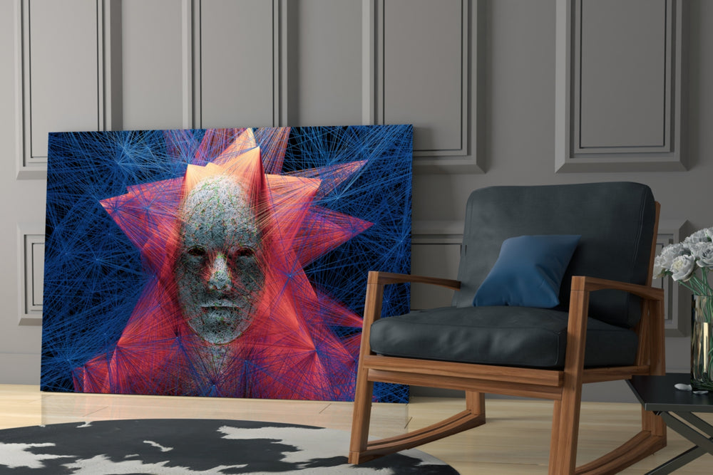 Self artwork anchoring a wall with bold conceptual palette
