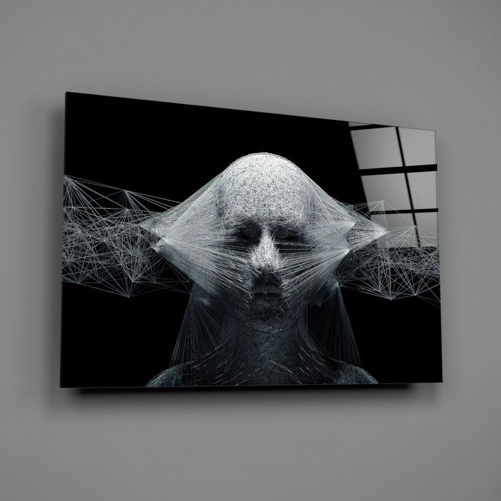 Self close-up showing wire-frame meditative figure dissolving into mesh