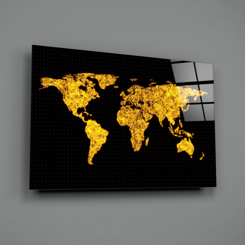 World Map close-up showing molten-gold continents on starry black grid