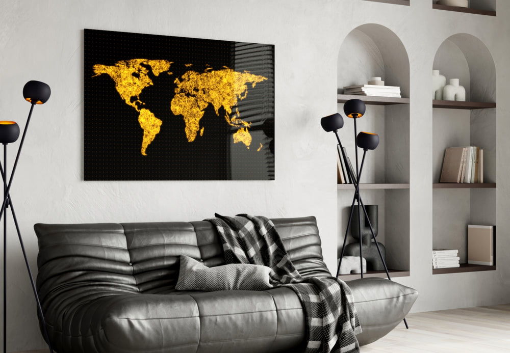 World Map panel adding editorial mood to a living room