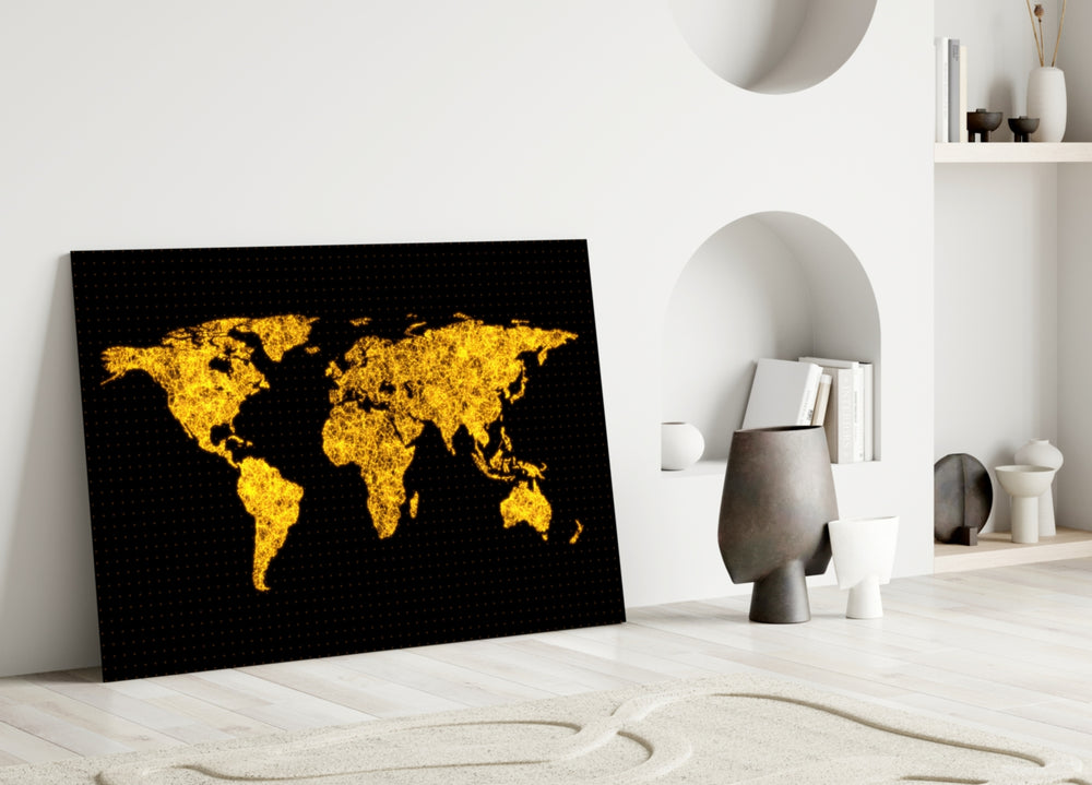 World Map glass wall art styled above a desk in an office