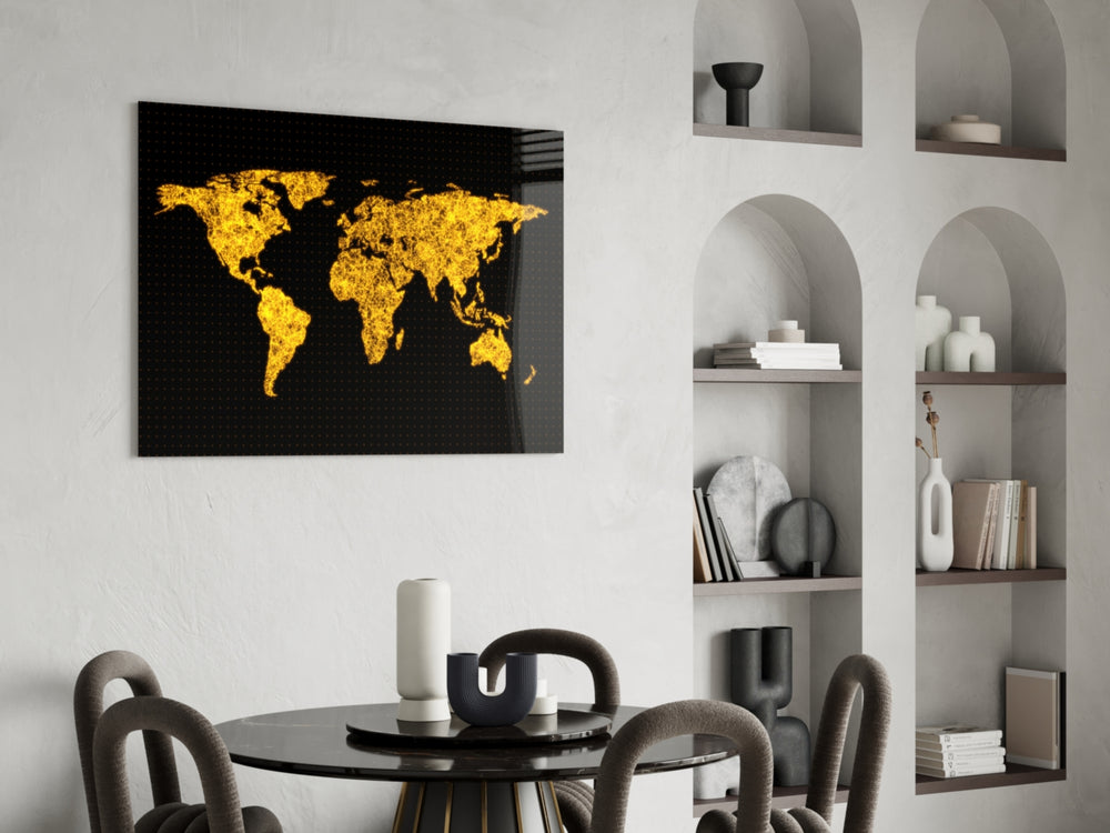 World Map glass print enhancing a dining room with cinematic drama