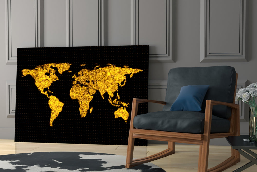World Map artwork anchoring a wall with luxurious dramatic palette
