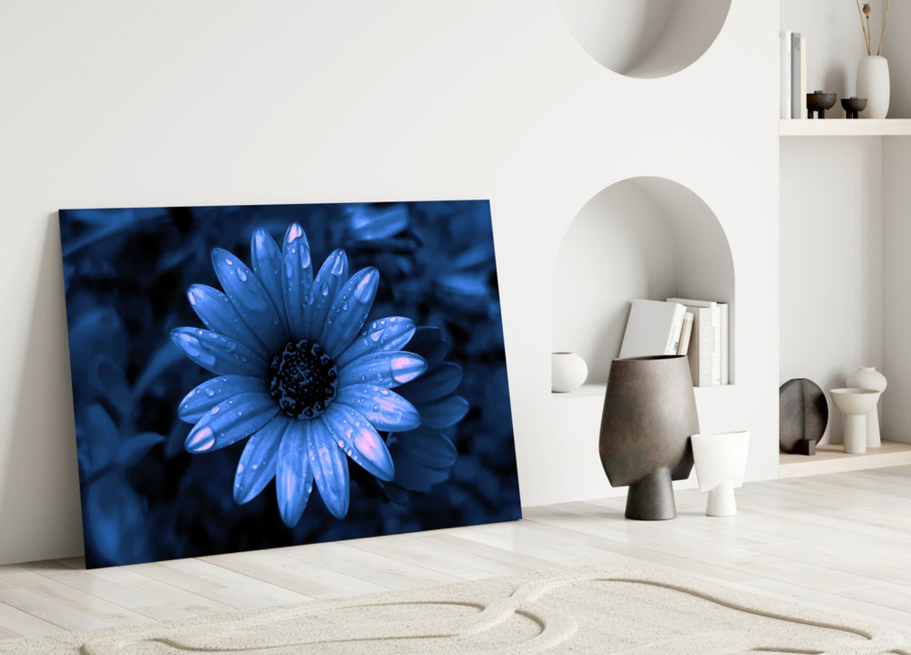 Flower glass wall art styled above a sofa in a living room