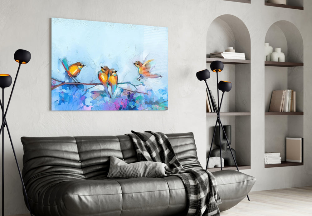 Tiny Birds panel adding editorial wonder to a living room