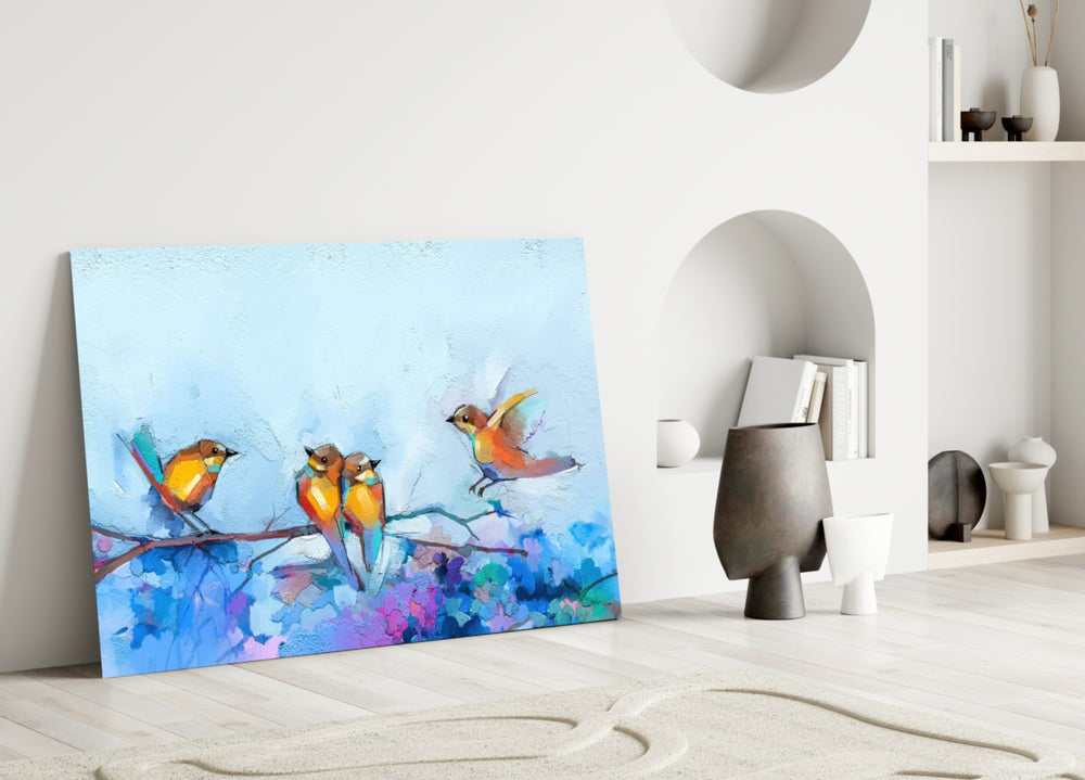 Tiny Birds glass wall art styled above a credenza in a kids room