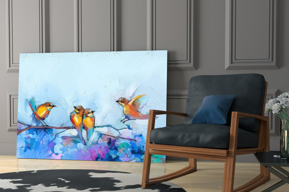 Tiny Birds artwork anchoring a wall with playful naturalist palette