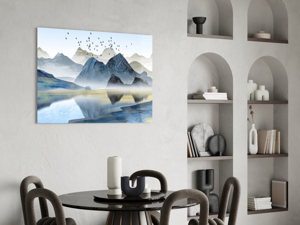 Mountains glass print enhancing a bedroom with cinematic mood