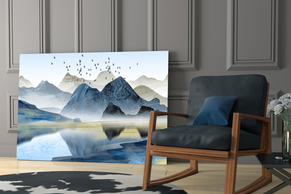 Mountains artwork anchoring a wall with serene classical palette