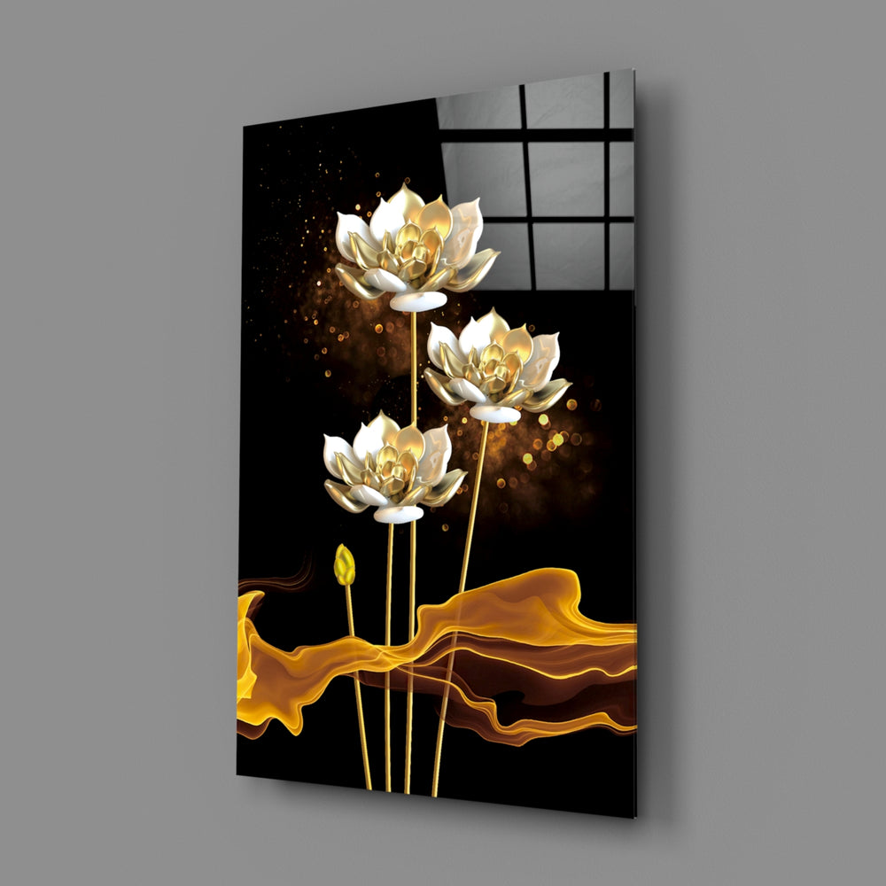 Flowers close-up showing pearl-and-gold lotus blossoms over molten ribbons