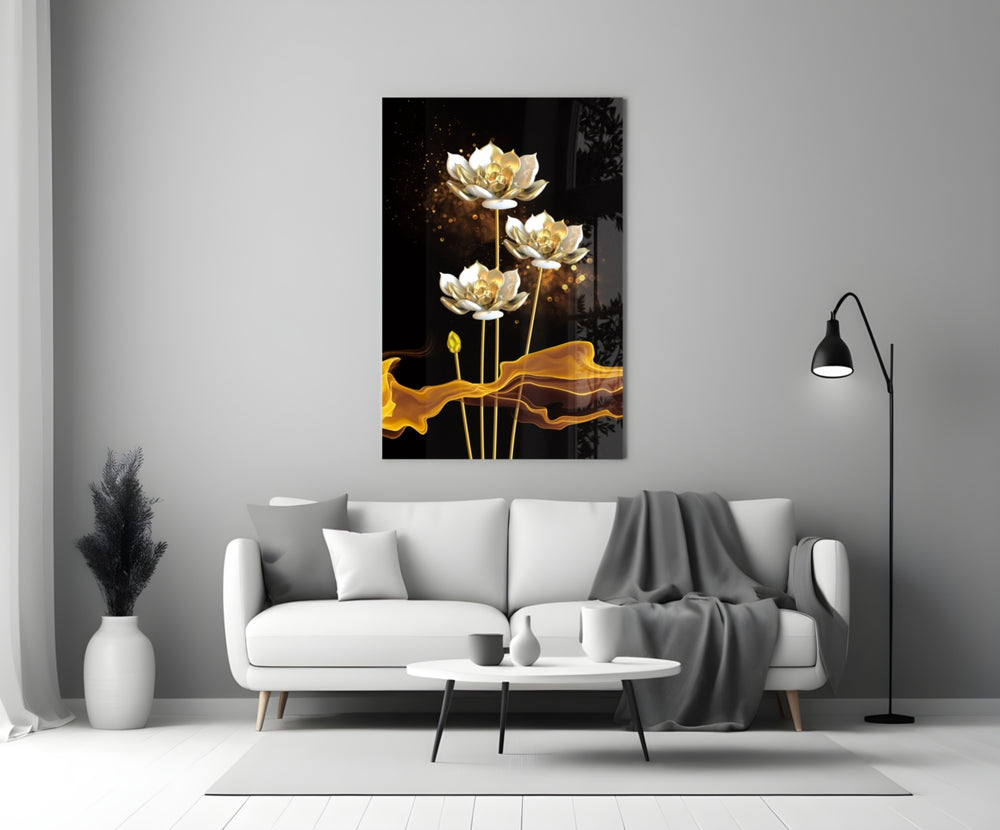Flowers glass wall art styled above a credenza in a living room