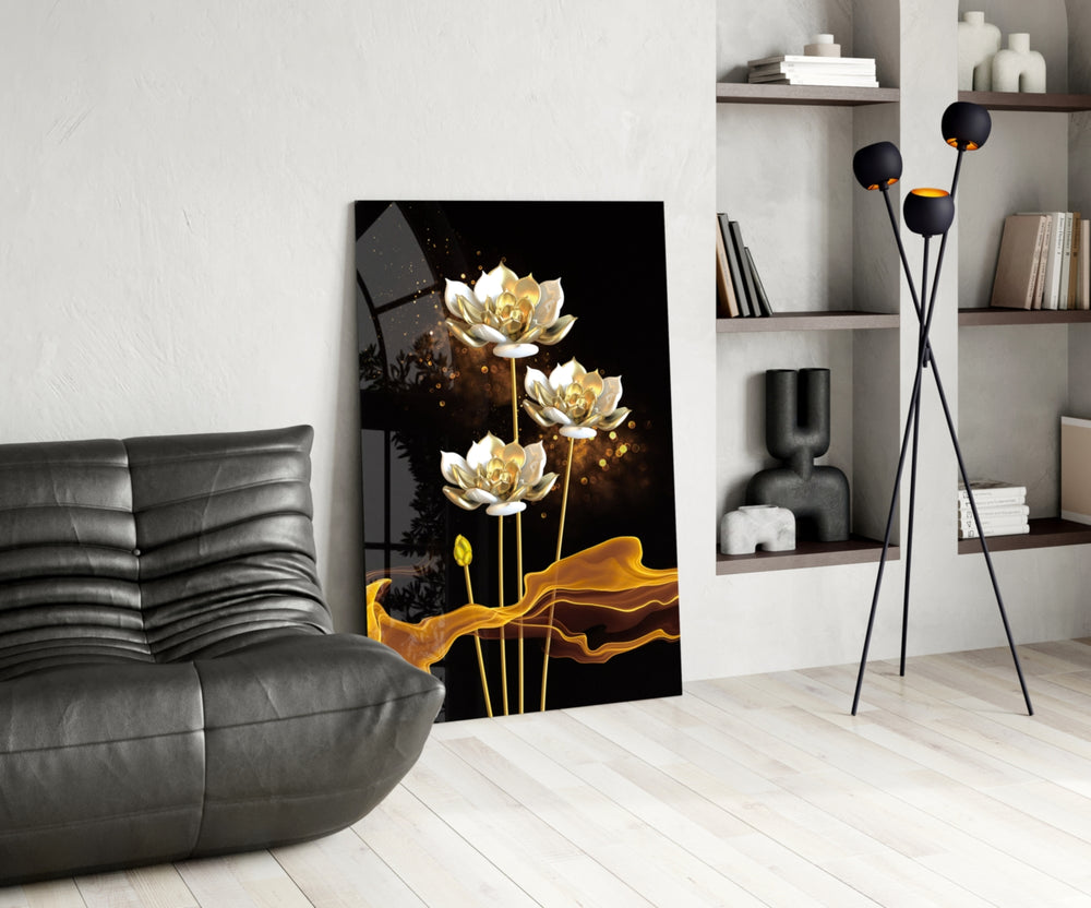 Flowers glass print enhancing a dining room with cinematic warmth