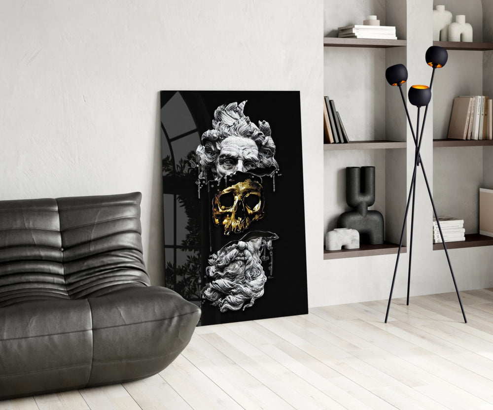 Poseidon glass print enhancing a living room with cinematic drama